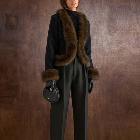 Women's Elegant Faux fur collar Patchwork Slim Coat Fashion High quality Long Sleeve Outerwear 2025 New Lady Commuter Outwear