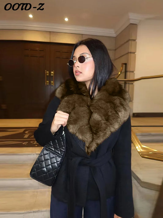 Elegant Faux Fur Lace Up Woolen Coat Women Shawl Collar Belted Waist Full Sleeve Coats Female Spring Winter Fashion Lady Outwear